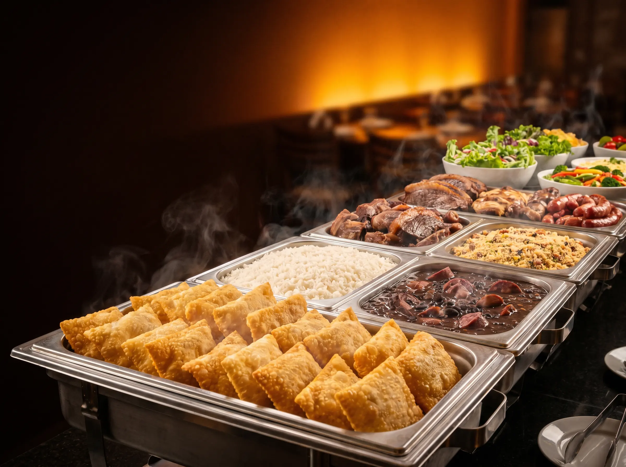 Buffet farto do almoço do Ponto Certo com pastéis, arroz, feijoada, farofa, carnes na brasa e saladas
