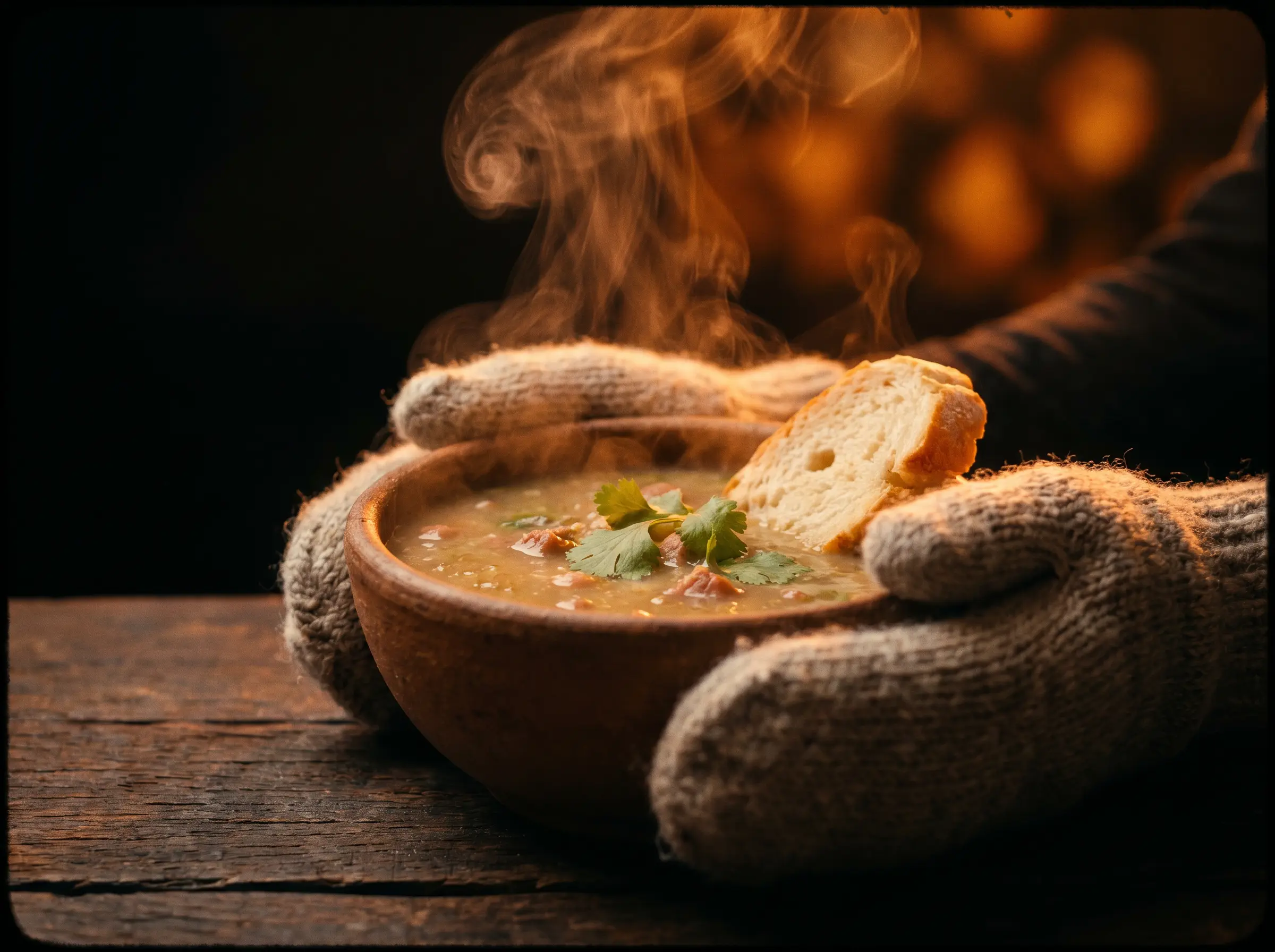 Caldo quente e fumegante em tigela de barro no festival de caldos do Ponto Certo no inverno